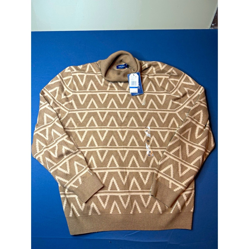 Nautica Men's Tan/Cream Geometric Mock Neck Knit Pullover Sweater XL $148 retail